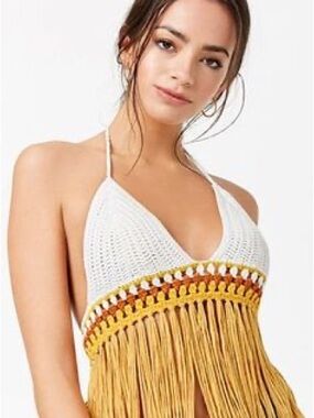 Forever 21 White Crochet Halter Top with Mustard Fringe